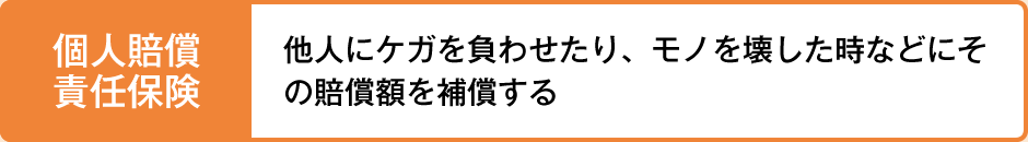 個人賠償責任保険 他人にケガを負わせたり、モノを壊した時などにその賠償額を補償する