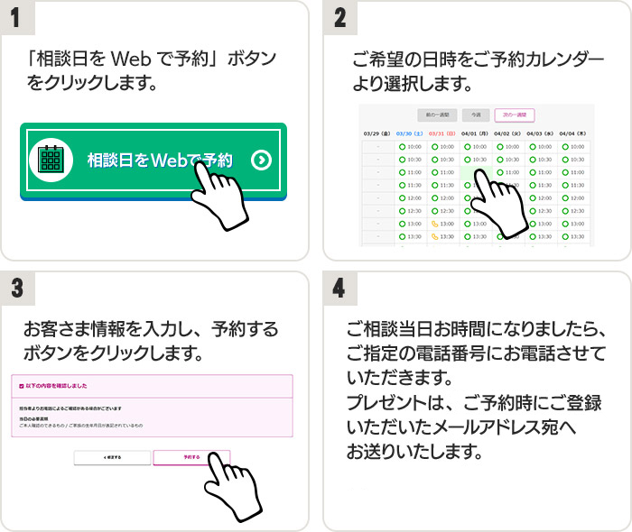 1.「相談日をWebで予約」ボタンをクリックします。　2.ご希望の日時をご予約カレンダーより選択します。　3.お客さま情報を入力し、予約するボタンをクリックします。　4.ご相談当日お時間になりましたら、ご指定の電話番号にお電話させていただきます。プレゼントは２０２４年９月末までに、ご予約時にご登録いただいたメールアドレス宛へお送りいたします。
