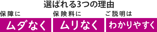 選ばれる3つの理由 保障にムダなく 保険料にムリなく ご説明はわかりやすく