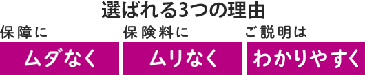選ばれる3つの理由　保障にムダなく　保険料にムリなく　ご説明はわかりやすく