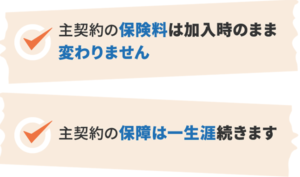 主契約の保険料は加入時のまま変わりません 主契約の保障は一生涯続きます