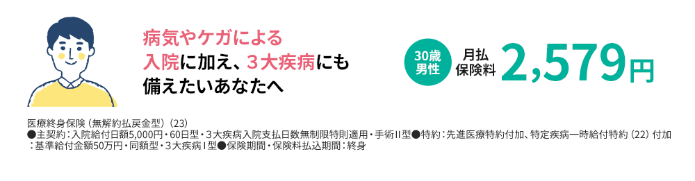 病気や怪我による入院に加え、三大疾病にも備えたいあなたへ 30歳男性 月払保険料 2.624円 入院給付日額5,000円・保険期間：終身