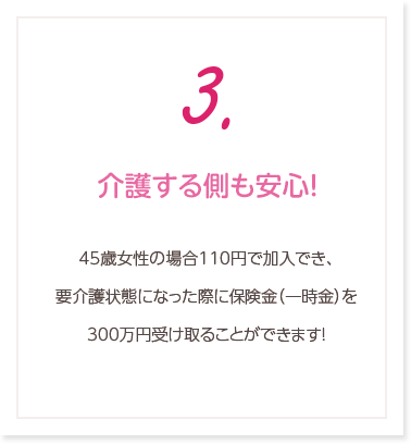 3.介護する側も安心！45歳女性で110円で加入でき、要介護状態になった際に保険金（一時金）を300万円受け取ることができます！