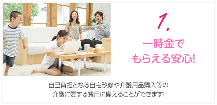 1.一時金でもらえる安心！自己負担となる自宅改修や介護用品購入等の介護に要する費用に備えることができます！