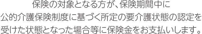 保険の対象となる方が、保険期間中に公的介護保険制度に基づく所定の要介護状態の認定を受けた状態となった場合等に保険金をお支払いします。