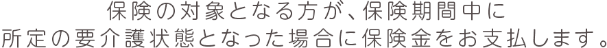 保険の対象となる方が、保険期間中に公的介護保険制度に基づく所定の要介護状態の認定を受けた状態となった場合等に保険金をお支払いします。