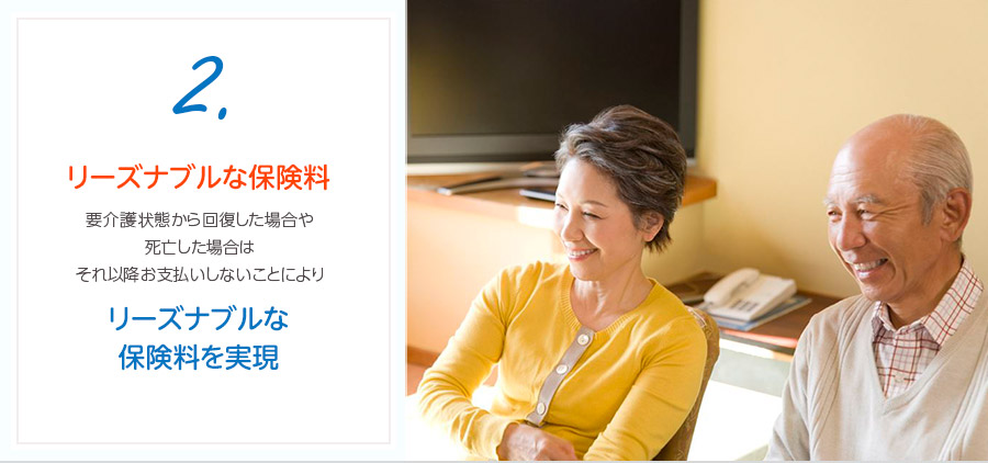 2.リーズナブルな保険料 要介護状態から回復した場合や死亡した場合はそれ以降お支払いしないことによりリーズナブルな保険料を実現