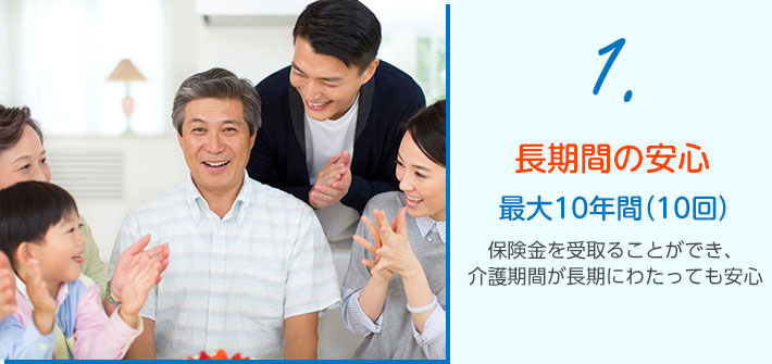 1.長期間の安心 最大10年間（10回）保険金を受け取ることができ、介護期間が長期にわたっても安心