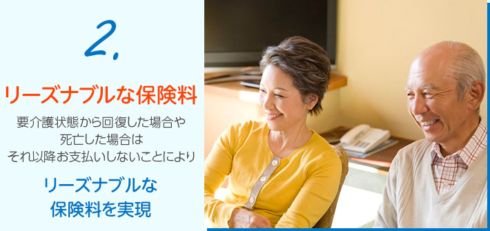 2.リーズナブルな保険料 要介護状態から回復した場合や死亡した場合はそれ以降お支払いしないことによりリーズナブルな保険料を実現