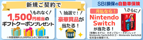 SBI損保の自動車保険 今なら新規ご契約でプレゼント！！
