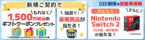 SBI損保の自動車保険 今なら新規ご契約でプレゼント！！