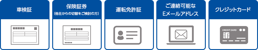 車検証 保険証券（他社からの切替をご検討の方）運転免許証 ご連絡可能なEメールアドレス クレジットカード