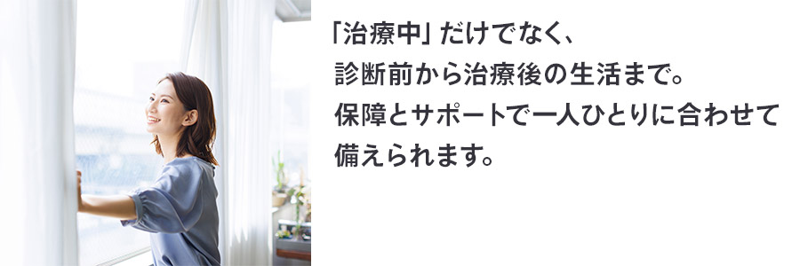 「治療中」だけでなく、診断前から治療後の生活まで。保障とサポートで一人ひとりに合わせて備えられます。