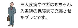 三大疾病やケガはもちろん、入退院の保障まで充実させたプランです。