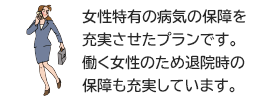 女性特有の病気の保障を充実させたプランです。働く女性のため退院時の保障も充実しています。