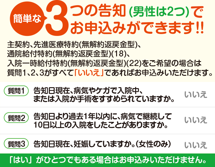 簡単な3つの告知(男性は2つ)でお申し込みができます!!