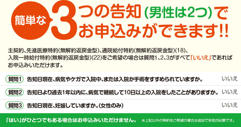 簡単な3つの告知(男性は2つ)でお申し込みができます!!
